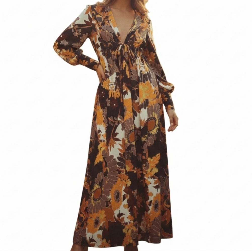 Vintage 70s Earth Tone Floral Maxi Dress - Boho Empire Waist